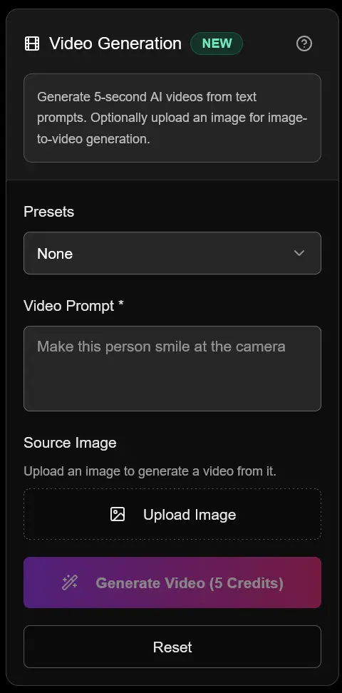 Video Generation interface showing animation options